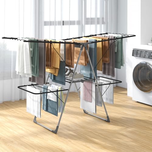 Tangkula Laundry Drying Rack, Foldable Clothes Drying Rack with Height Adjustable Wings, 33 Drying Rails & Sock Clips, Freestanding Gullwing Garment Stand for Indoor & Outdoor Use (Sliver+Grey) - color: Sliver+grey