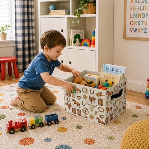 Western Cowboy Foldable Storage Bins with Handles, Horse Theme Toddler Decorative Storage Basket for Organizing Clothes Tools Books, Western Baby Cowboy Gift for Nursery Playroom Bedroom - color: Western