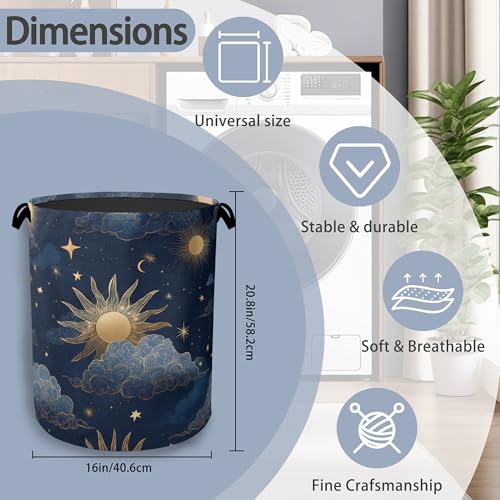 Sun Moon Stars Laundry Basket,Oxford Cloth Laundry Hamper with Handle Foldable Portable Clothes Storage Basket for Bathroom Bedroom Dorm Room 16" x 20.8" - color: Sun Moon Stars