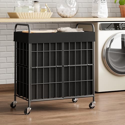 100L 2-Section Laundry Hamper with Wheels, Laundry Basket with Liner Bag - color: Black, size: 100L-2 Sections