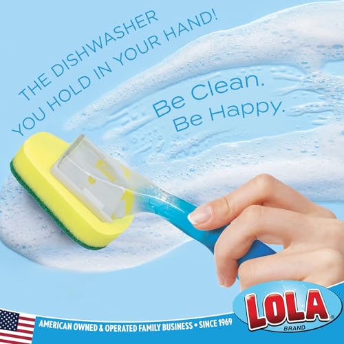 LOLA Dish Brush w/Soap Dispenser Wand, 1 Brush w/Head & 6 Refills, Absorbent Sponge Scrubber, No Leaking. Clean Dishes, Sinks and Cookware