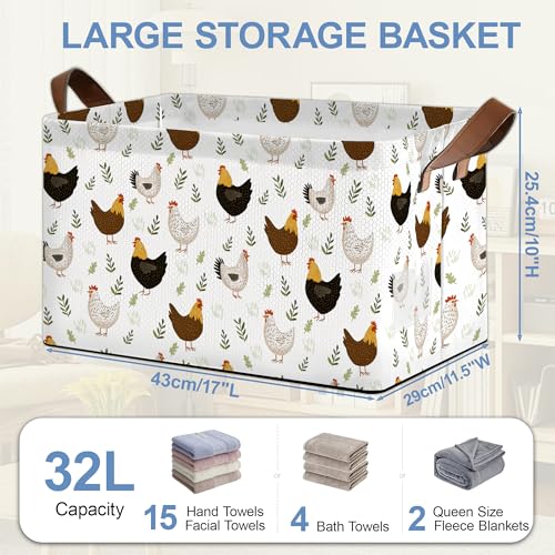 Roosters Chicken Storage Basket with Handles,Fern Plants Collapsible Rectangle Organizer Bin for Room Decoration Books Box Baskets 17x11.5x10Inch - color: Roosters Chicken Fern Plants
