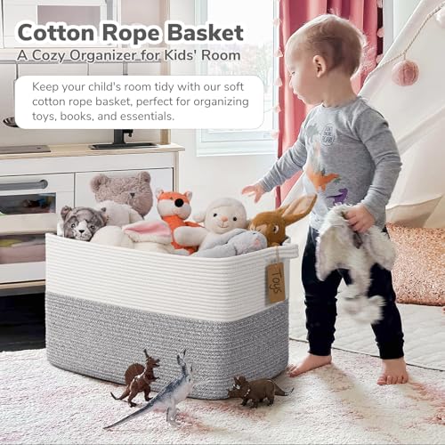 Goodpick 75L Extra Large Woven Rope Blanket Basket, Rectangle, Light Gray - color: Light Grey, size: 22"L x 17"W x 12"H