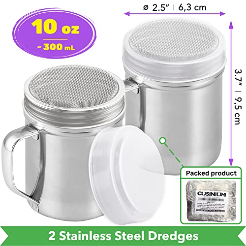 CUSINIUM Powdered Sugar Shaker Duster - With Handle - Cinnamon Shaker For Coffee Bar - Fine Mesh Dredge - 10 ounce, pack of 2 | Style: Fine - size: 10 Ounce