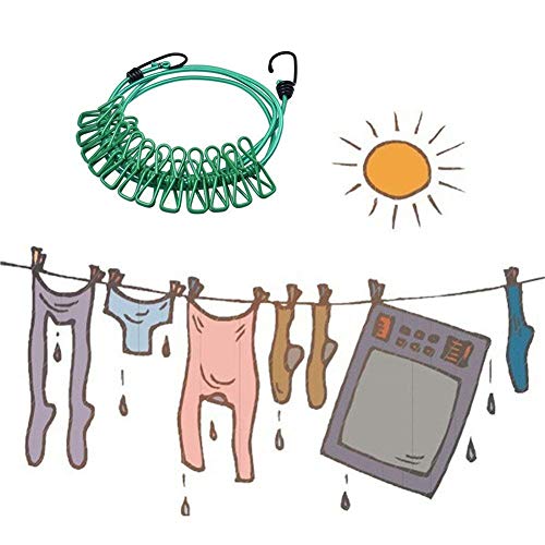 AKOAK 1 Pack Multi-Function Outdoor Home Clothesline Travel Portable Windproof Non-Slip Drying Rope 12 Clip (Green) - color: Green
