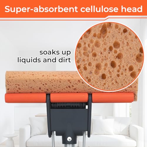 Sponge Mops for Floor Cleaning with 2 Cellulose Mop Head Refills and 55β Long Handle, Heavy Duty Roller Mop, Easy Self Squeeze for Hard Wood Tile Concrete Bathroom or Kitchen Floor Wall Ceiling