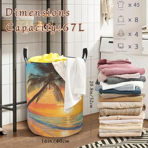 Tropical Palm Tree Laundry Basket,Sunset Beach Foldable Oxford Cloth Laundry Hamper with Handles Waterproof Dirty Clothes Storage Basket for Bathroom Bedroom Dorm Room 16" x 20.8" - color: Tropical Palm Tree Sunset Beach