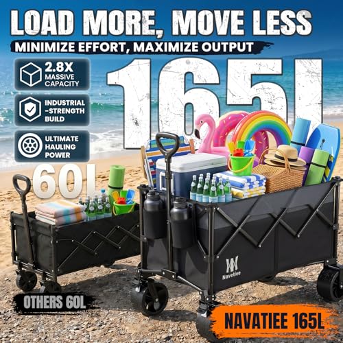 Navatiee 330Lbs Collapsible Folding Wagon, Beach Wagon Cart Heavy Duty Foldable with Big Wheels, Utility Grocery Wagon with 165L Large Capacity for Camping Garden Sports, Black - color: Black, size: 165L