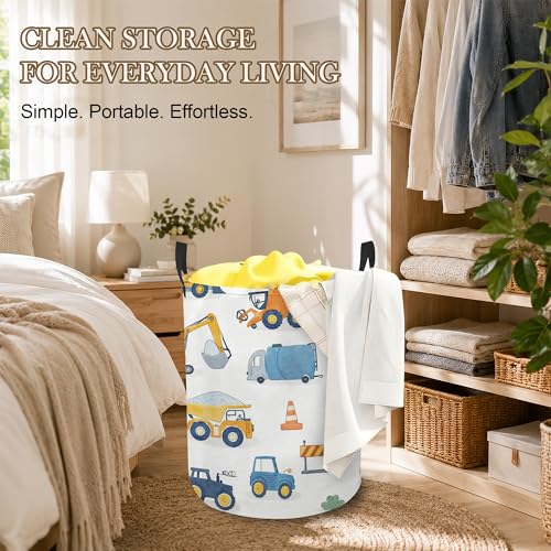 Cartoon Trucks Laundry Basket, Traffic Cones Collapsible Laundry Hamper Waterproof Oxford Cloth With Handles, Clothes Storage Bucket For Bathroom/Bedroom 16" x 20.8" - color: Cartoon Trucks