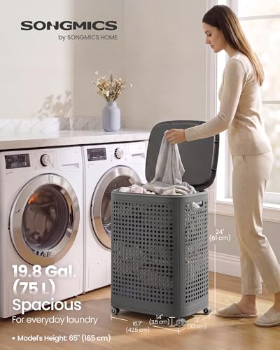 SONGMICS Laundry Hamper with Wheels, 75 L Laundry Basket with Lid - color: Dark Gray, size: Lid and Wheels