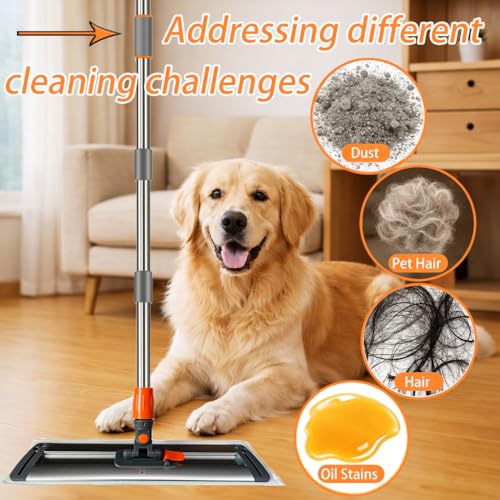 17-Inch Large Microfiber Flat Mop for Hardwood & Tile Floors, Durable Aluminum Alloy Head with Stainless Steel Handle, 4 Reusable Pads (2 Chenille+2 Microfiber) for Wet Dry Cleaning - size: 17-inch