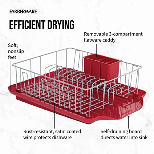 Farberware Classic Large Rust Resistant Full Dishrack with Removable 3 Compartment Flatware Caddy, Andlged Drain Board, 3-Piece, Red - color: Red