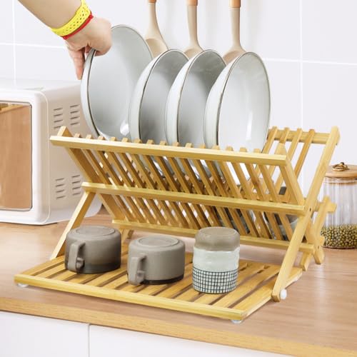 KKTONER Bamboo Dish Drying Rack with Utensil Holder 3 Tier Collapsible Drainer Rack with Dish Drying Mat for Kitchen Counter (Natural)