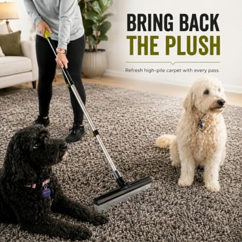 Room Groom Carpet Rake and Groomer with Telescoping 54 Inch Adjustable Handle, Portable Design, Carpet Brush Ideal for Pet Hair, Refreshing High Pile Carpets, Rugs, and Artificial Turf - style: Green Handle