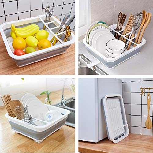 THANSTAR Collapsible Dish Drying Rack Portable Dinnerware Drainer Organizer for Kitchen RV Campers Travel Trailer Space Saving Kitchen Storage Tray - color: Gray/White
