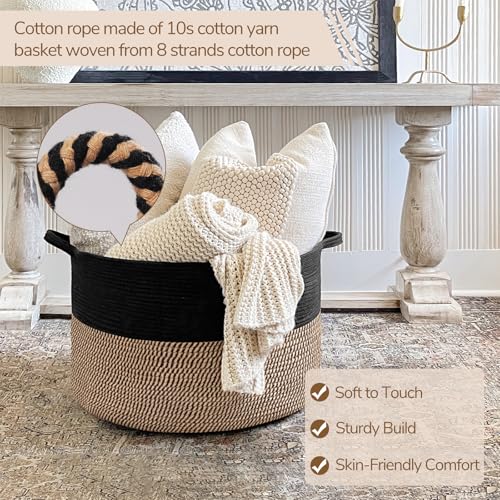 INDRESSME XXXLarge Woven Rope Blanket Basket Living Room Mix Black, 90L - color: Black & Mix Camel, size: 21.7"D x 13.8"H