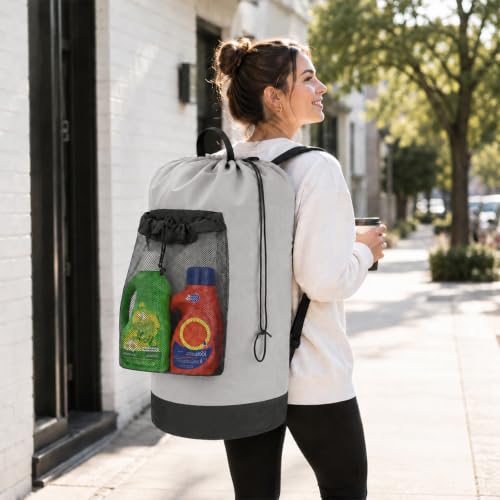 Laundry Bag Backpack Foldable Laundry Backpack College with Straps Large Capacity Portable Laundry Bags for College Travel Laundry Room (Gray) - color: Gray