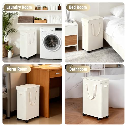 Slim Laundry Hamper with Lid and Wheels, Tall Rolling Laundry Basket with Handle for Small Spaces, Dirty Clothes Hamper for Dorm, Bathroom & Bedroom, 85L, Beige