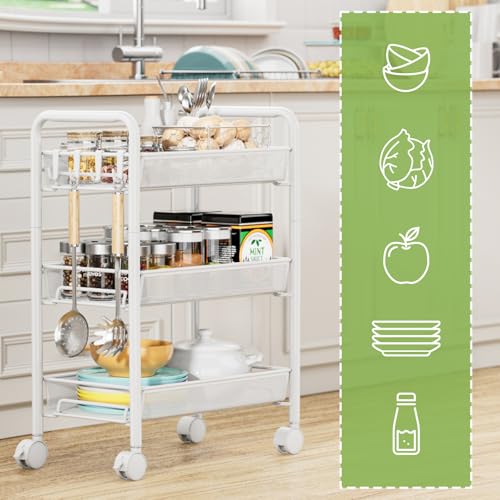 JANE EYRE 3-Tier Rolling Utility Storage Rack Cart on Wheels, Trolley Craft cart, Multi-Purpose Organizer Shelf, White - color: White, size: 3 Tier