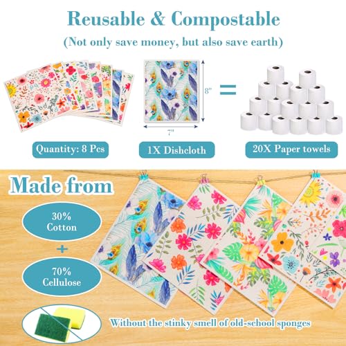 Lucomb Swedish Dishcloths for Kitchen Dishes, 8 Pack Reusable Cleaning Cloths Replace Paper Towels Swedish Towels Cleaning Rags Eco Friendly Biodegradable for Home Office Wipes - color: 8 Pack-colorful Florals