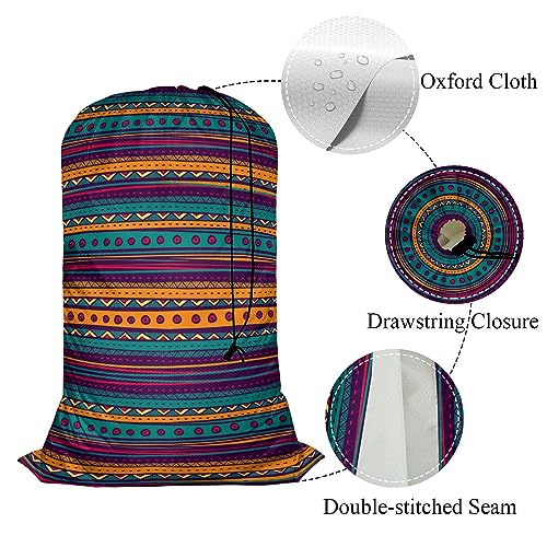 Swono Mexican Texture Heavy Duty Laundry Drawstring Bag with Strap, Indian Style Hand Drawn Abstract Backdrop 28 x 40 Inches Travel Dirty Clothes Bag for Laundromat and Household - color: Mexican Texture