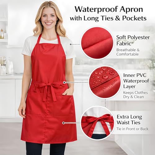 2/6/12/24 Pack Waterproof Aprons Bulk with Pockets, Polyester and PVC Coated Chef Aprons for Cooking, Painting, BBQ - color: Red