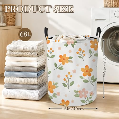 Orange Floral Laundry Hamper, Green Leaves Laundry Baskets, Waterproof Oxford Cloth for Room/Bathroom/Bedroom/Dormitories 16x20.8 Inch - color: Orange Floral