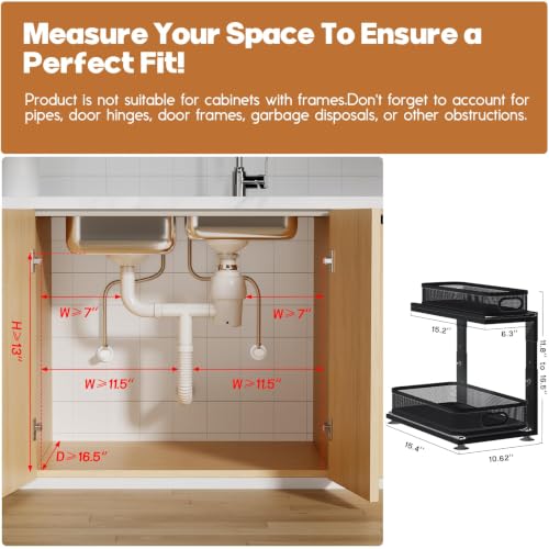 1 Pack-16"D Under Sink Storage Organizer with 2-Tier Slide Out Drawer, Sophisticated Mesh Pull Out Shelf for Kitchen & Bathroom, Fits Small Items, Upgraded Arched Track for Smooth Gliding-Black - color: Black, size: 1 Pack-15.4"Dx11.8"-16.7"H