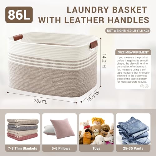 86L Large Woven Laundry Basket Hamper with Leather Handles,Brown - color: Brown, size: 86L