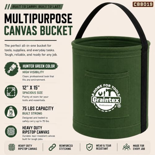 Graintex Canvas Utility Bucket 12"x15", Round Tool Bucket, Reinforced Base & Carry Handle, Ripstop Canvas, Multi-Purpose Bag for Jobsite, Gardening, Home Use, Ideal for Tool Storage Solutions - color: Hunter Green
