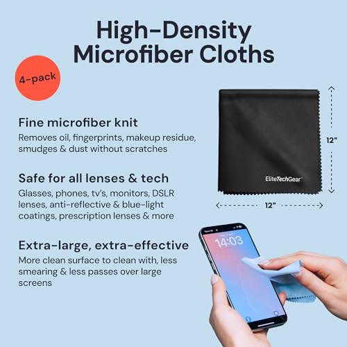 Elite Tech Gear Microfiber Cleaning Cloth, Eye Glasses Cleaner Cloth, 4pc - color: Black, size: 12'' x 12'' (Pack of 4)
