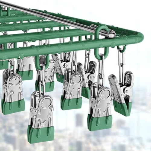 Drying Rack for Sock, Stainless Steel Sock Drying Rack with 23 Clips, Swivel Hook Windproof Hanger for Sock, Laundry, Hat, Scarf, Bras, Towel, Underwear, Pants, Gloves (Green) - color: Green