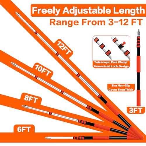 20FT High Reach Duster Cleaning Kit with 3-12 FTExtension Pole, High Ceiling Fan Cleaner Duster Tool for Fan Blades, Extendable Reusable Cobweb, Feather, Window Cleaning Squeegee Kit (12FT) - size: 12FT