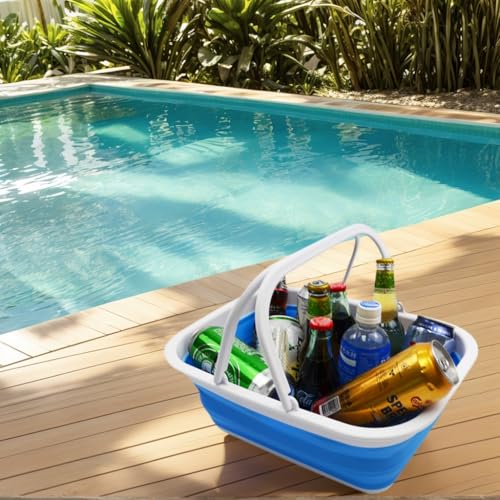 SAMMART 9.2L (2.37Gallon) Collapsible Tub with Handle - Portable Outdoor Picnic Basket/Crater - Foldable Shopping Bag - Space Saving Storage Container (1, White/Marine Blue) - color: White/Marine Blue