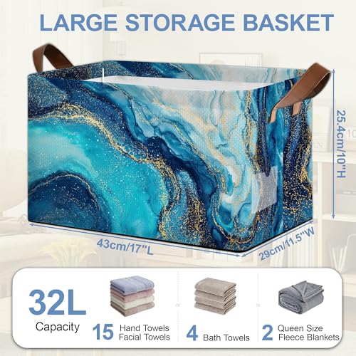 Blue Gold Marble Collapsible Storage Box,Organizer Bin with Handles for Room Decoration,Bins Book Basket Box 17x11.5x10Inch - color: Blue Gold Marble