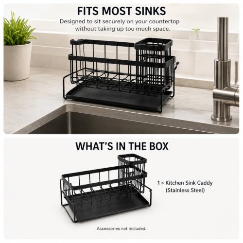 Kitchen Sink Caddy Organizer with Removable Drain Tray, Rustproof Sponge Holder for Kitchen Counter, Carbon Steel Organizer for Soap Dispenser, Scrub Brush & Cleaning Accessories.