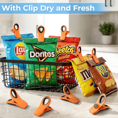 12 Pack Chip Clips, Bag Clips for Food, Magnetic Sealers for Chips and Other Food, Plastic Bag Clip for Kitchen, Fridge, Clothes, Sewing and Artwork (Orange) - color: Orange