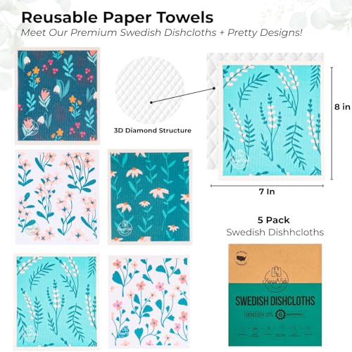 Harps&Seb Swedish Dishcloths for Kitchen Dish Towels - 5 Pack, Non-Scratch Reusable Paper Towels, Super Absorbent Washable Swedish Dish Cloths, No Odor, Biodegradable, Flower Designs - color: Willow Bloom, style: 5 Pack