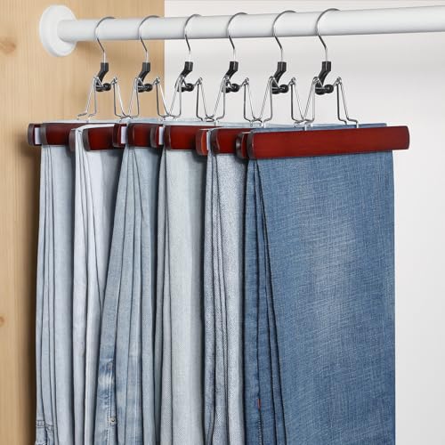 TOPIA HANGER 12 Pack Wooden Pants Hangers, Hair Extension Hangers Non Slip Skirt Hanger Wood Clamp with Velvet Padded 360° Swivel Hook for Jeans, Skirts, Trousers, Wigs Cherry CT67M - color: Cherry, size: 12 Pack