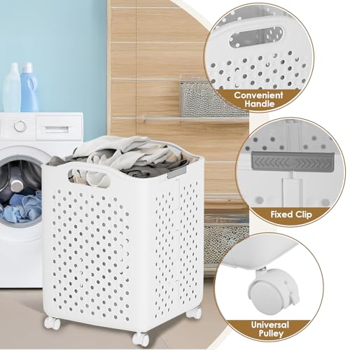 57L Foldable Collapsible Laundry Basket, with Wheels+Handles(Pearl White) - color: Pearl White