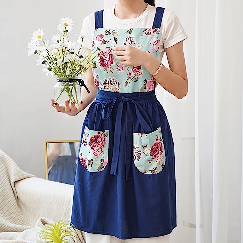 Pinknoke Vintage Pinafore Aprons for Women with Pockets for Kitchen - color: Navy