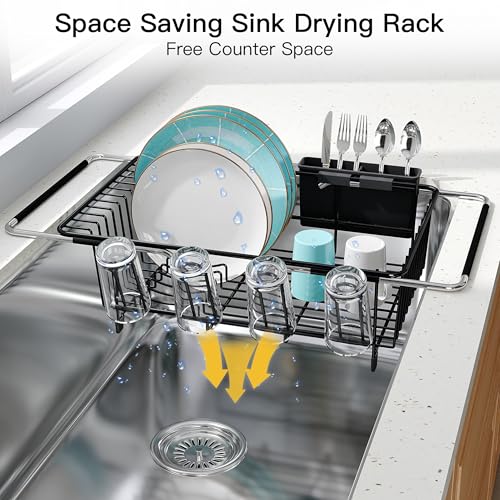 JASIWAY Black Dish Drying Rack in Sink with Mat, Cups and Utensil Holder - color: Black, size: For 12"-30"w Sink, with Mat