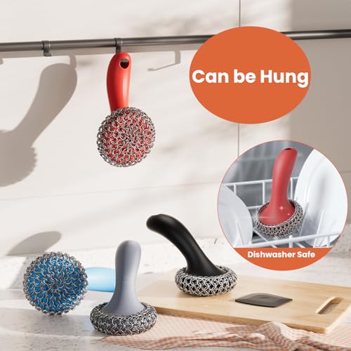 Cast Iron Scrubber with Long Handle Dish Scouring Pad Chainmail Cleaner - color: Red, 1 Scrubber + 1 Scraper
