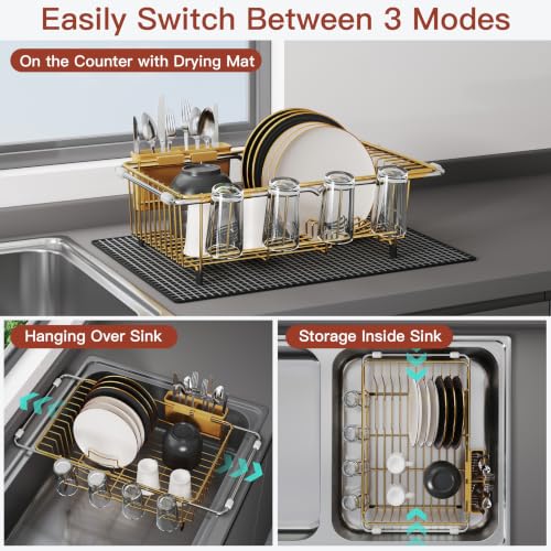 JASIWAY Gold Dish Drying Rack in Sink with Mat, Cups and Utensil Holder - color: Gold, size: For 12"-30"w Sink, with Mat