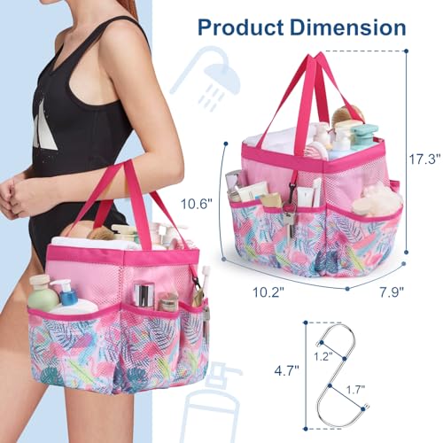 Mesh Shower Caddy Portable - 8 Pockets, S-Hook, Shower Bag for Dorm Camping - color: L, Pink Flamingo, size: L (Classic Dorm Caddy)