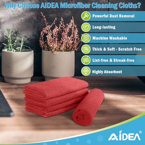 AIDEA Microfiber Cleaning Cloth Red-50PK, Soft Absorbent Shop Rags, Microfiber Towels for Cars, Kitchen Towels, Dusting Cloth for Home, Window, Cleaning Supplies, 12"×12" - color: Red