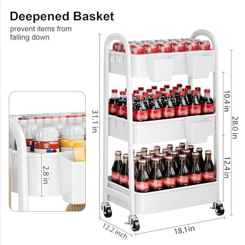Heavy Duty 3 Tier Rolling Cart Metal with Wheels, White Three Tiered Shelf - color: Pure White