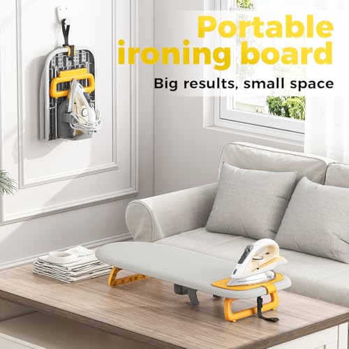 KINGBOARD Small Ironing Board with Iron Holder,Space Saving 12x32 Grey - color: Grey & Orange