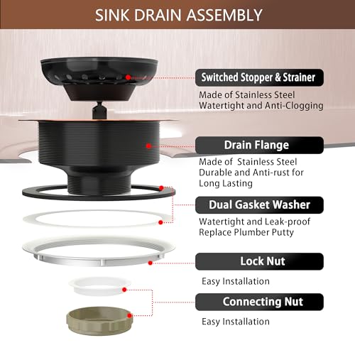 Kitchen Sink Drain Copper 3-1/2 Inch Stainless Steel Kitchen Drain Strainer Assembly Kit with Strainer Basket and Drain Stopper for Standard Sink Drains Antique Copper - color: Antique Copper