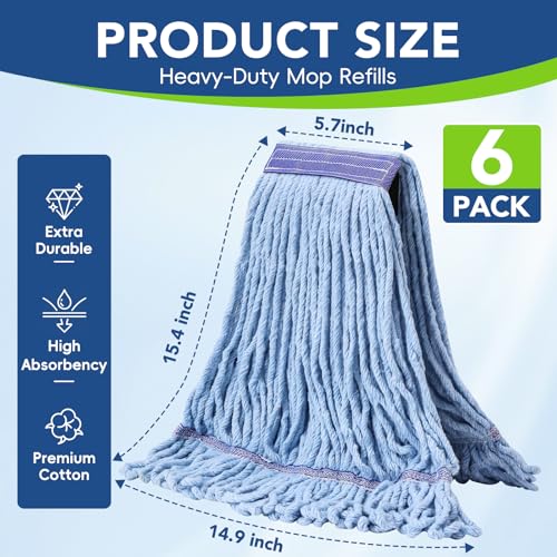 6 Pack Commercial Mop Head Replacement – Heavy Duty Mop Head for General and Floor Cleaning | Industrial Wet Mops | Washable Refill, Reusable, Looped End Mopheads | Hardwood, Concrete - color: Blue
